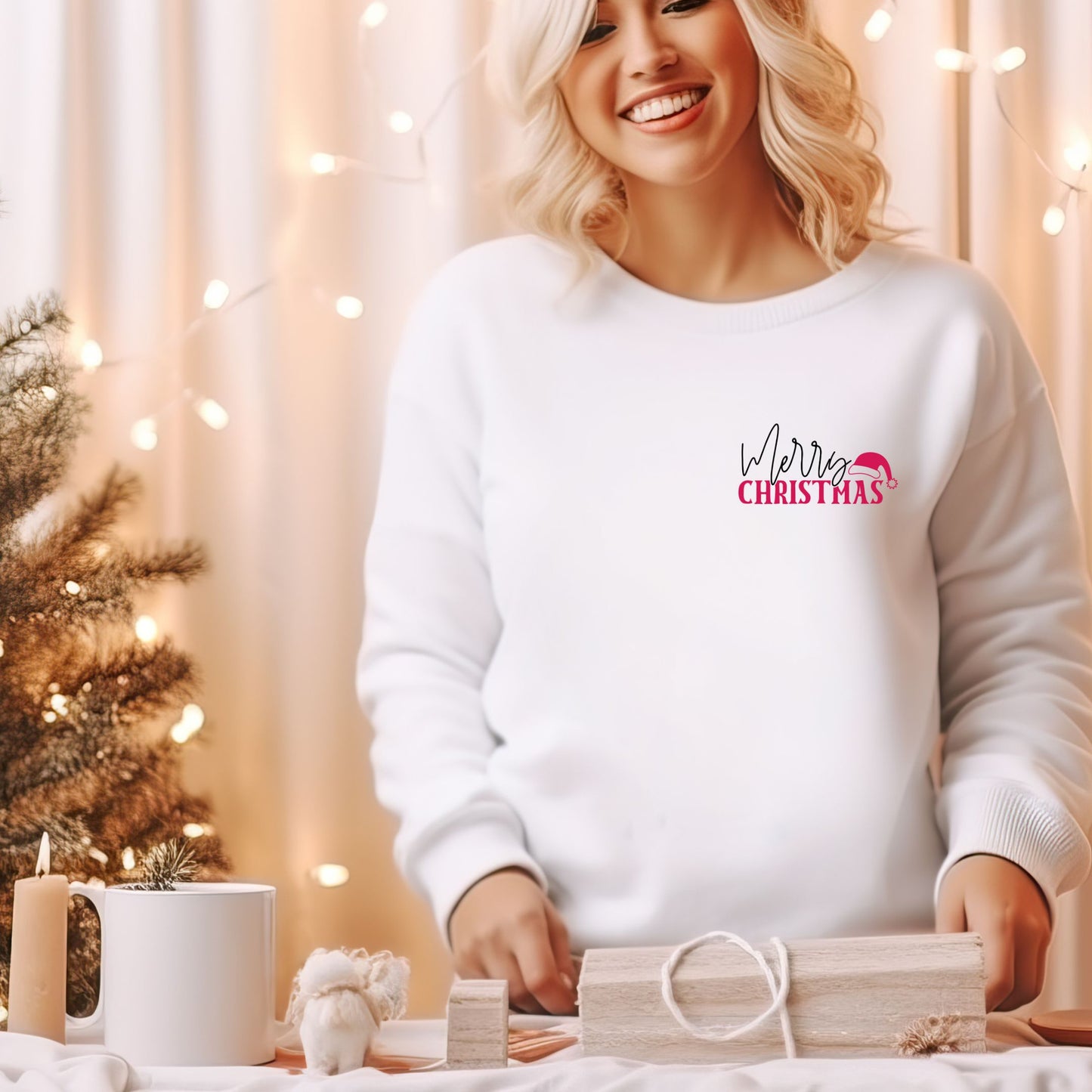 Merry Christmas Pink Santa Hat | Crewneck Sweatshirt