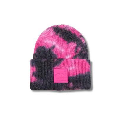 Tie Dye Beanie with Rubber Patch - Blk Hot Pink