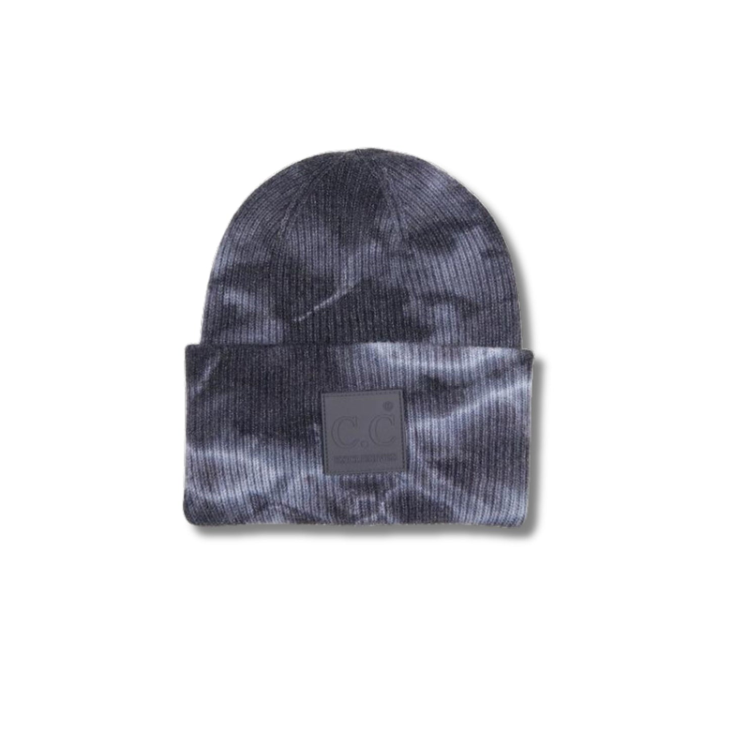 Tie Dye Beanie with Rubber Patch - Dk Grey Lt Grey