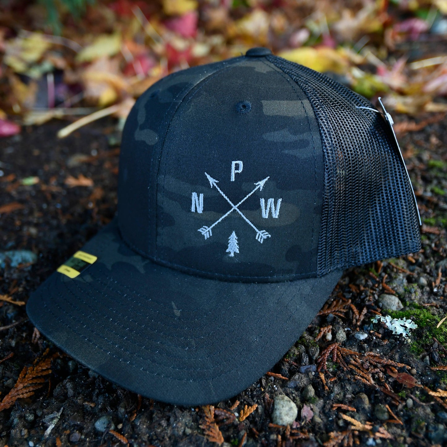 PNW Arrows | Curved Bill Trucker Cap: Black Camo