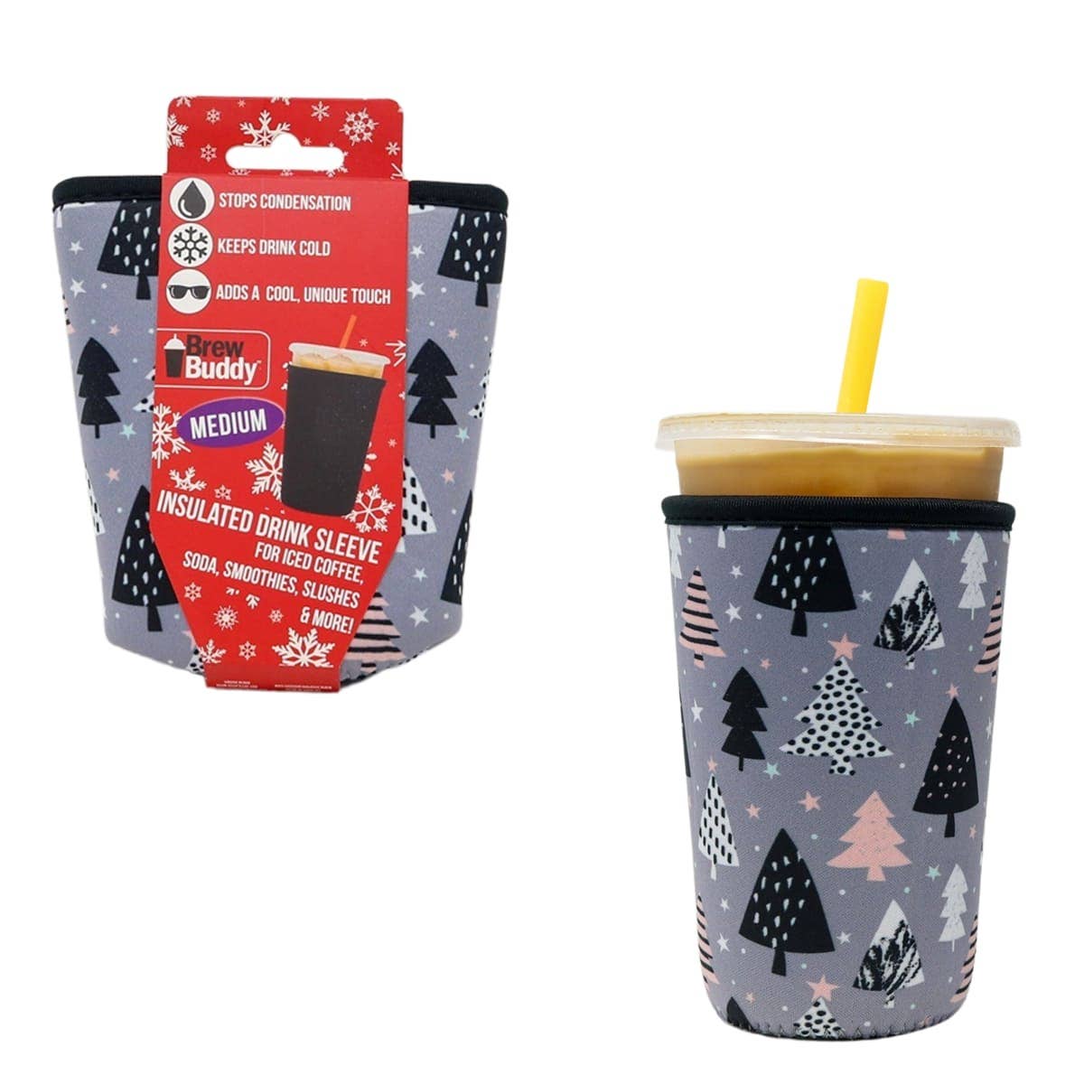 Holiday Brew Buddy Iced Coffee Sleeve - Greyscale Trees